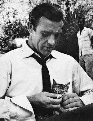 Sean-Connery-playing-with-a-cat-on-the-set-of-Dr.-No