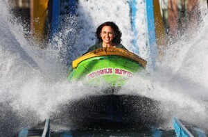 NO FEE PICS . 17/12/2015. Model/ Singer Nadia Forde gets splashed as she tries out the Jungle River  as she  visited Winter Funderland in the RDS to officially launch one of Ireland`s family favourites for the festive season. In it`s 42nd year Winter Funderland will span across nine acres of the RDS, featuring age old funfair rides, Fossett`s Circus, Ice skating , a Continental Christmas Market a Santa Experience and some new funfair attractions have even been added to the bill for 2015. New attractions include the 'Break Dance'  the 'Frisbee' and the 'Funderland Loop' Ireland`s only looping rollercoaster . The funfair will stay opened until Sunday, 10th January 2016. Photo: Leon Farrell/Photocall Ireland.