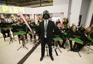 No repro fee 20/12/2015. Gavin Warren conducts the Finglas Concert Marching Band as Darth Vader in Odeon Cinema in Charlestown as the cinema annouced that 90% of its sales this weekend were for Star Wars. Photo Leon Farrell/Photocall Ireland.