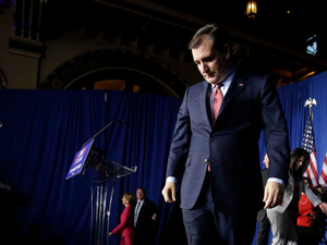  Republican presidential candidate, Sen. Ted Cruz, walks off the stage following a primary night campaign event, in Indianapolis last night . (AP Photo/Darron Cummings)