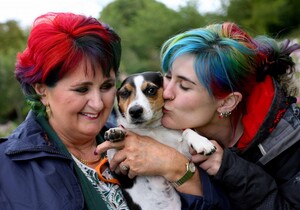 NO REPRO FEE 11/9/2016 Pictured are Tina, left, and Suzie Koumarianos with ‘Stumpy’ today at the 2nd annual Doggie Do with Dogs Trust which took place today at Dublin's Herbert Park. Photo: Mark Stedman