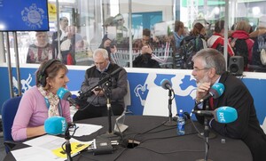 NO REPRO FEE President of Sinn Féin Gerry Adams appears on the News at One (with Aine Lawlor) on the RTÉ set at the National Ploughing Championships 2016 in Tullamore. Picture: Kinlan Photography