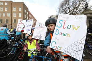 22/02/2017. Dublin Cycling Campaign. Pictured (LtoR) Zack (8), Jude (10) , Sally (6) and Meg North (12) from Cabra joined Cyclists who gathered outside Leinster House this afternoon to protest for more of the transport budget be allocated to cycling infrastructure in Dublin. The y claim about 1 % of the transport budget is allocated and they are asking for at least 10 %, campaigners say that EU recommends 20% given to cycling from transport budgets. Protesters are asking for more advanced traffic lights, better parking, segregated cycling lanes to name but a few. Photo: Sam Boal/Rollingnews.ie