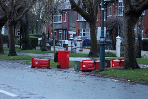 23/02/2017. Storm Doris. Pictured overturned bins on Griffith Avenue in Dublin as strong winds batter the country. Met Eireann forecasted extremely windy weather for this morning, with gale force northwest winds and some severe and damaging gusts. They have issued a Orange National warning and a Orange Marine warning. ESB Networks says around 56,000 customers are without power as Storm Doris sweeps across Ireland. Large faults have been reported in counties Galway, Mayo, Sligo, Leitrim and Dublin. Photo: Sam Boal/Rollingnews.ie