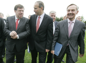 15/9/2009. FF Day 2. L to R. Taoiseach and Leader of Fianna Fail, Brian Cowen and Minister for Foreign Affairs Micheal Martin are joined by Dr Michael Woods TD after the family photo, on the second day of the Summer 09 FF Think-In at the Hodson Bay Hotel outside Athlone. Photo: Eamonn Farrell/Photocall Ireland