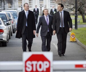 File Photo Fine Gael Leadership Crisis. It was highly significant that the two leading contenders to replace Mr Kenny,ÊSimon Coveney and Mr Varadkar, both addressed a meeting with an almost identical message. It was a simple and direct one: the party needed to be ready for anÊelection from now on. End.17/2/2010 Young Fine Gael Jobs Campaign launch. Fine Gael Leader Enda Kenny T.D., Leo Varadkar T.D., right, and Simon Coveney T.D., on the way to launching the Young Fine Gael's 'Working to Get You Working' campaign today (17/2/2010) outside the Dail. The campaign is aimed at pressuring the Government to implement Fine Gael's plan to get 30,000 young people off the Live Register this year. Photo. Mark Stedman/RollingNews.ie